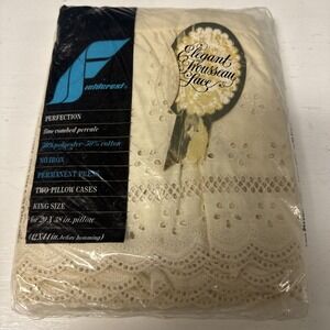 New Fieldcrest Elegant Trousseau IVORY‎ Lace Set of 2 KING Size Pillow Cases